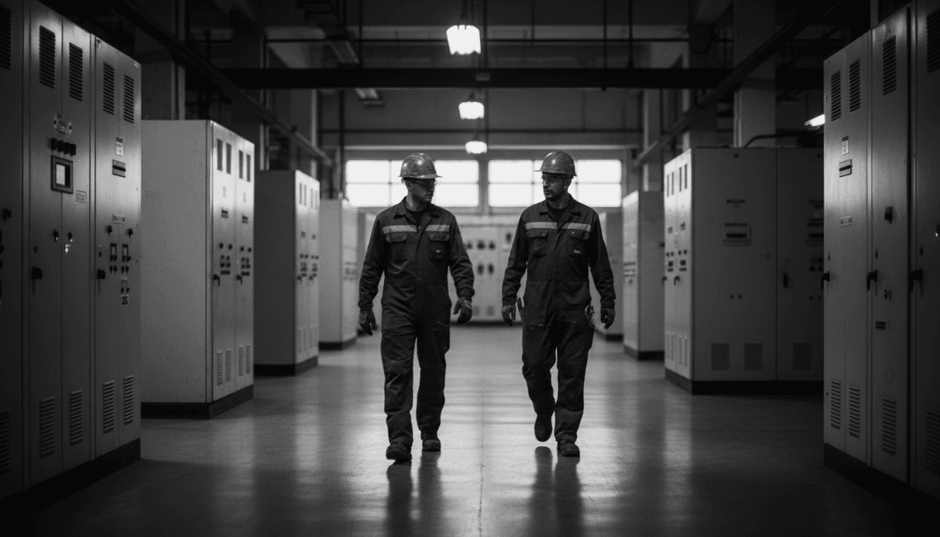 Two engineers walking between switchboards in a plant room.